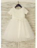 Ivory Rosette Tulle Flower Girl Dress with Short Sleeves